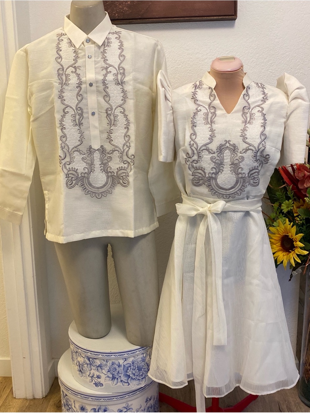 Embroidered Cream Traditional Barong and Dress Couple Set